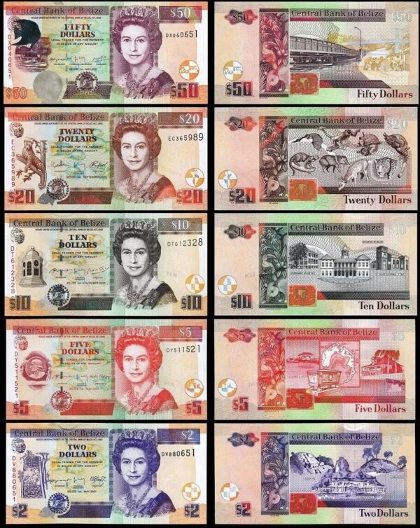 Belize 5 PCS SET, 2 5 10 20 50 Dollars 2020 2022, UNC, P-66 67 68 69 70, QEII