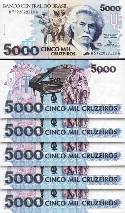 Brazil 5000 Cruzeiros 1990 1992, UNC, 5 Pcs LOT, Consecutive, P-232b, Sign 29