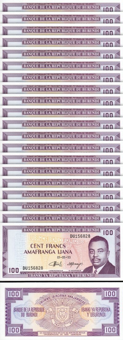 Burundi 100 Francs 1993, UNC, 20 Pcs LOT, Consecutive, P-29c