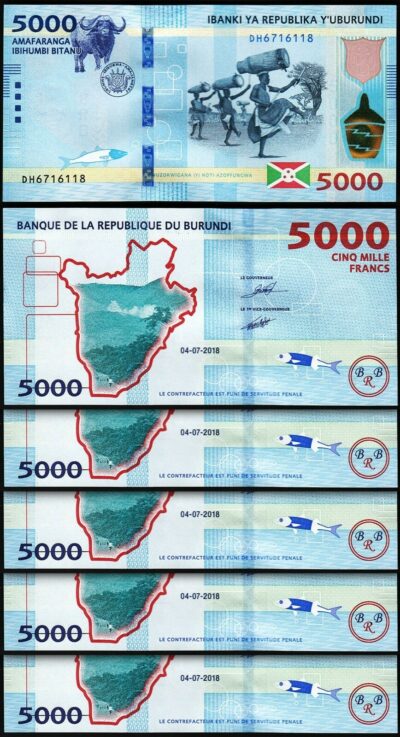 Burundi 5000 Francs 2018 (2019), UNC, 5 PCS Consecutive LOT, P-53