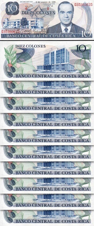 Costa Rica 10 Colones 2-10-1985, UNC, 10 PCS LOT, P-237b, With Small Pale