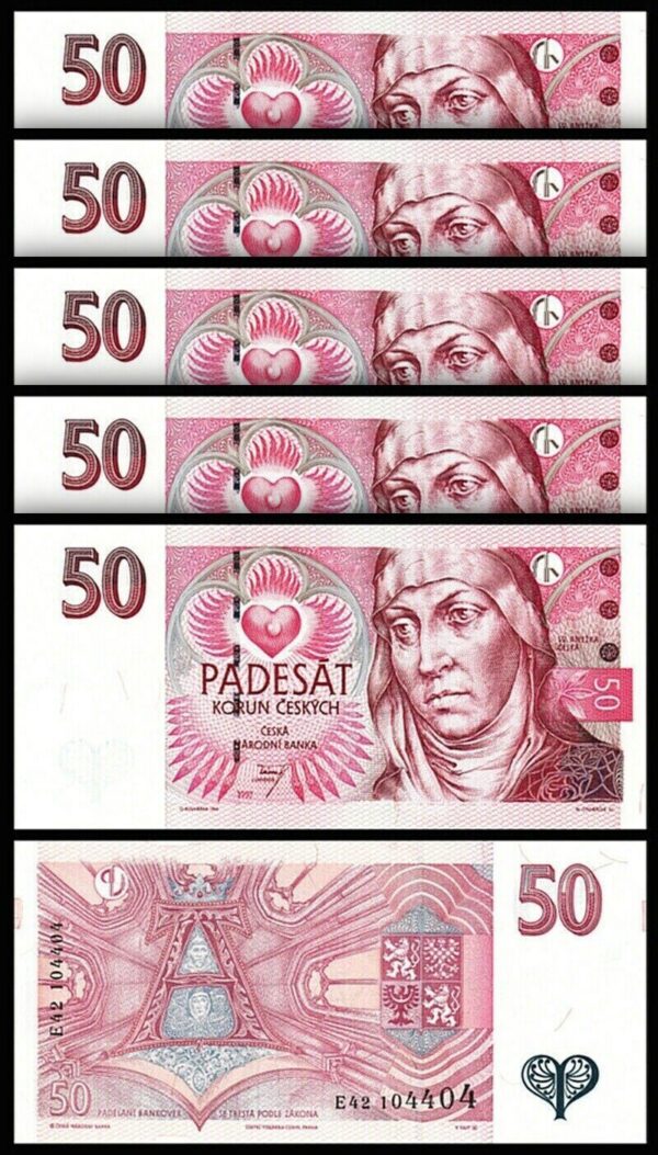 Czech Republic 50 Korun 1997, UNC, 5 Pcs LOT, Consecutive, P-17, Prefix D
