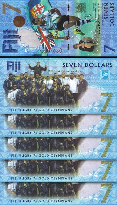 Fiji 7 Dollars 2017, UNC, 5 Pcs LOT, Consecutive,Rugby 7's Gold Olympians,P-120a