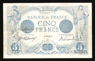 France 5 Francs 1917, aVF,  P-70,  Bleu, With Pinhole