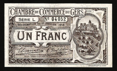 France, Chambre De Commerce Du Gers 1 Franc 1918 AUNC - UNC Completely Watermark