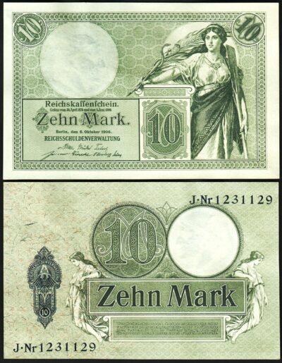 Germany 10 Mark 1906, Unc but AU, P-9b, 7 Digit