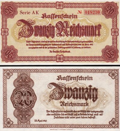 Germany Sudetenland 20 Reichsmark 1945, UNC, P-187, Completely Watermark