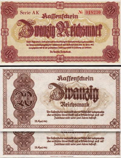 Germany Sudetenland 20 R.mark 1945, UNC, 2 Pcs PAIR, Consecutive,P-187,Watermark