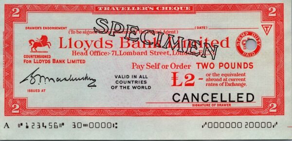 Great Britain SPECIMEN, Lloyds Bank London Travellers Cheque, 2 Pounds, aUNC