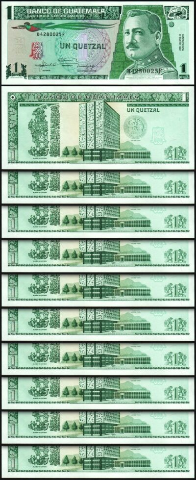 Guatemala 1 Quetzal 1992, UNC, 10 Pcs LOT, Consecutive, P-73c