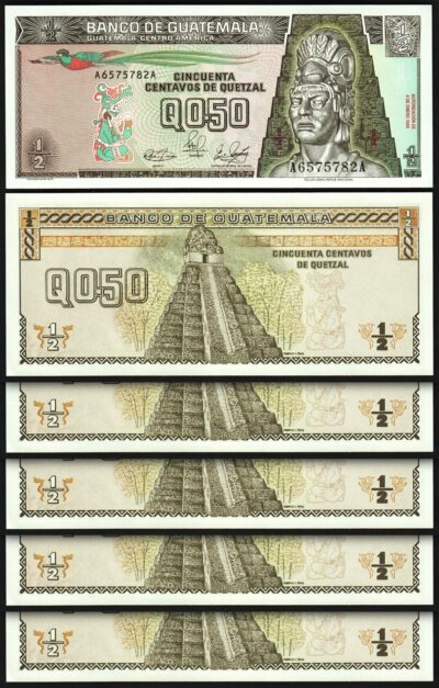 Guatemala 1/2, 0,50 Quetzal 1989, UNC, 5 Pcs LOT, P-72a