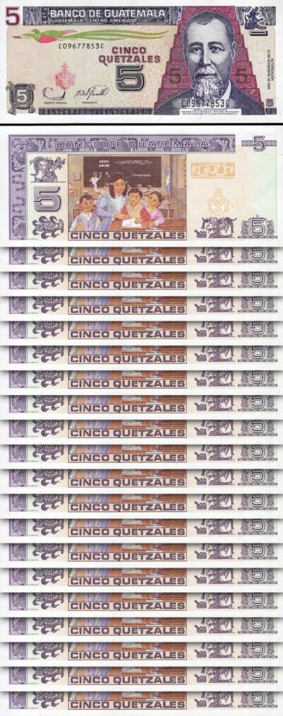 Guatemala 5 Quatzales, 2006, UNC, 20 PCS LOT, P-106b, with Flag Picture