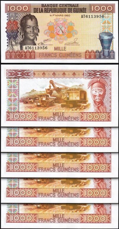 Guinea 1000 Francs 1985, UNC, 5 Pcs LOT, Consecutive, P-32, Large