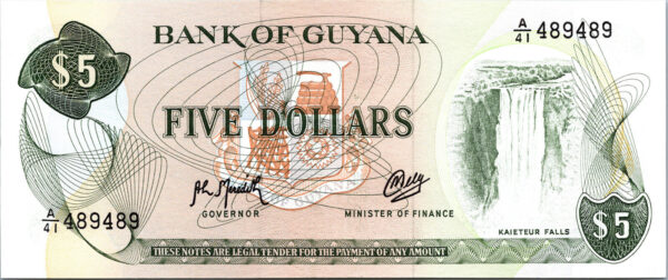 Guyana 5 Dollars, 1992, REPEATER SERIAL 489489, aUnc/Unc, P.22f ,S 9