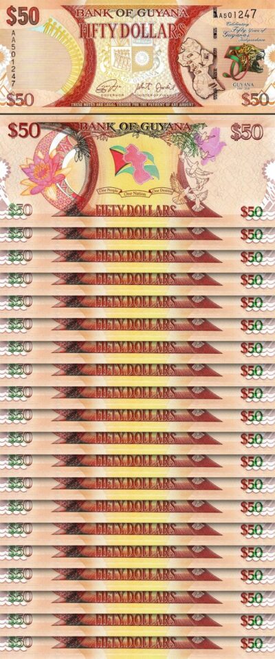 Guyana 50 Dollars 2016, UNC, 20 PCS LOT, P-41, Commemorative Banknote
