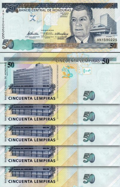 Honduras 50 Lempiras 2010, UNC, 5 Pcs LOT, Consecutive, P-94b, Prefix AN