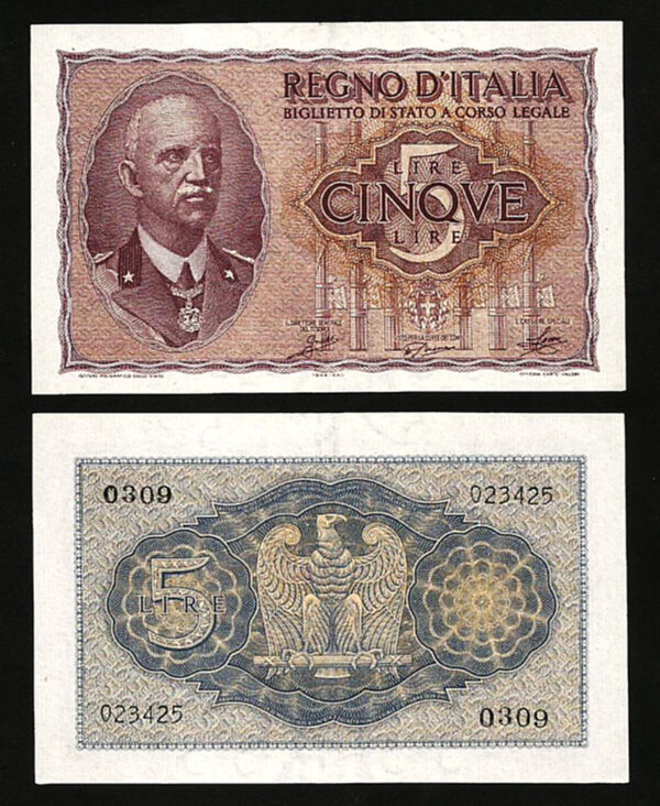 ITALY ITALIA 5 LIRE 1940, UNC but aAU, P-28