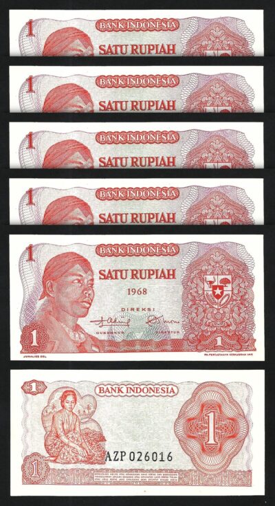 Indonesia 1 Rupiah 1968, AU, 5 Pcs LOT, P-102, Sudirman