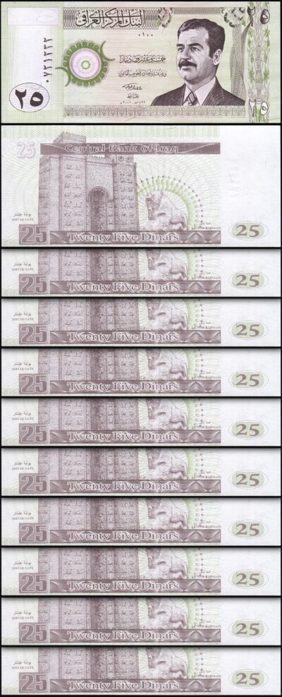 Iraq Saddam 25 Dinar 2001, UNC, 10 Pcs LOT, P-86
