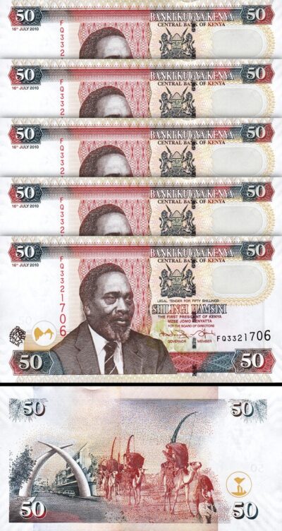 Kenya 50 Shillings 2010, UNC, 5 Pcs LOT, Consecutive, P-41a