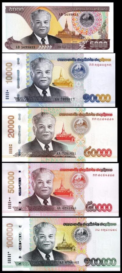 Lao Laos 5 PCS SET, 5000 10000 20000 50000 100000 Kip 2020, UNC,  P-New