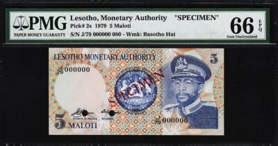 Lesotho 5 Maloti 1979, Specimen, PMG 66 GEM UNC, EPQ, P-2s, J/79 000000