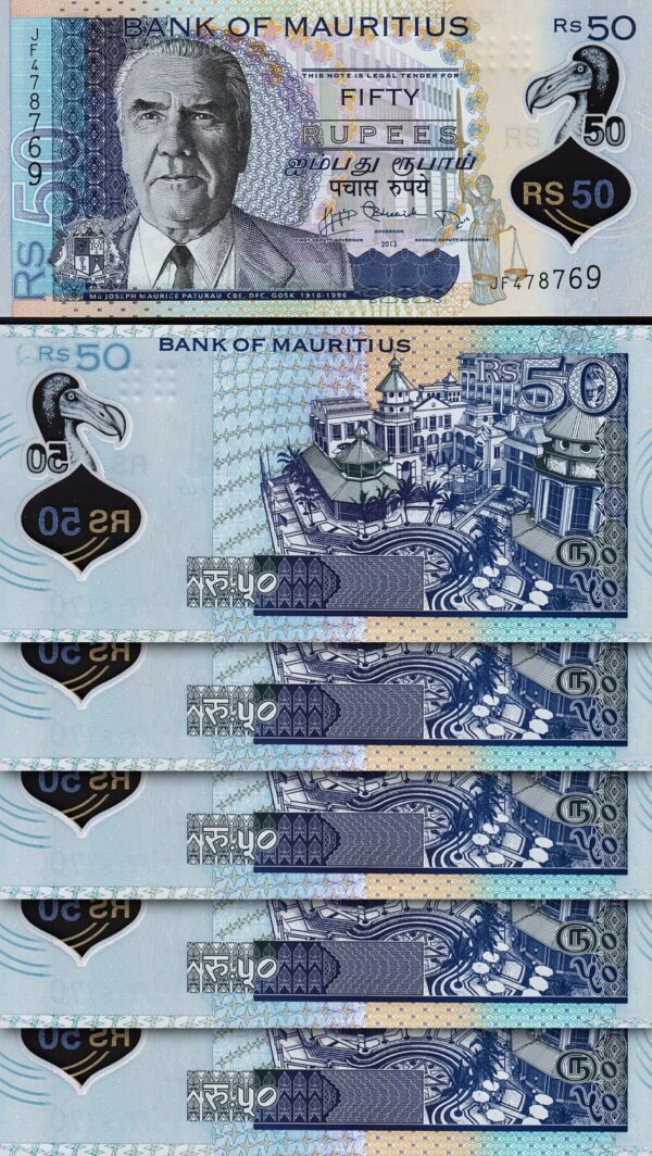Mauritius 50 Rupees 2013, UNC, 5 Pcs LOT, POLYMER, P-65
