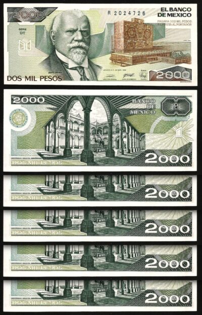 Mexico 2000 Pesos 1989, AU, 5 PCS LOT, P-86