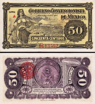 Mexico 50 Centavos 1915, AU/UNC, Revolutionary, Gobierno Convencionista, P-S882