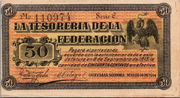 Mexico Sonoro Treasury Of The Federation 50 Pesos 1914, XF++