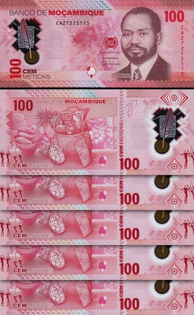 Mozambique 100 Meticais 2024, UNC, 5 Pcs LOT, Consecutive, Polymer, P-157