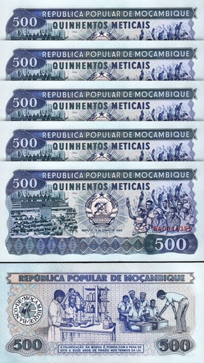 Mozambique 500 Meticais, 1989, UNC, 5 Pcs LOT,  P-131c