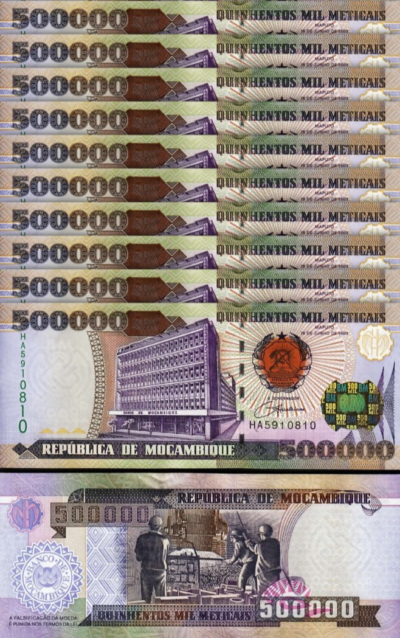 Mozambique 500000 500,000 Meticais 2003 2004, aUnc/Unc, 10 Pcs LOT, P-142