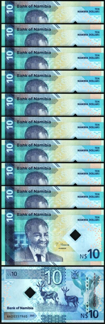Namibia 10 Dollars 2025 UNC, 10 Pcs LOT, P-20 New Design/Security,Hybrid Polymer