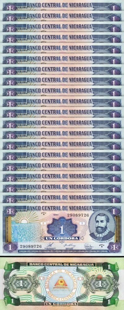Nicaragua 1 Cordoba 1990, UNC, 20 Pcs LOT, Consecutive, P-173, Serie A