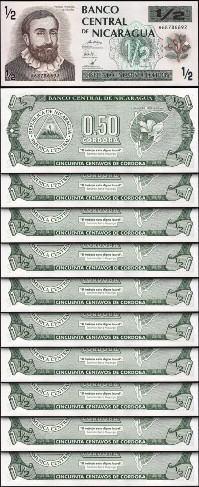 Nicaragua 1/2 (0,50) Cordoba 1992, UNC, 10 Pcs LOT, Consecutive, P-172