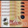 Nicaragua 20 Cordobas 2014 - 2015 , Unc , 5 PCS CONSECUTIVE LOT , P-210 ,Polymer