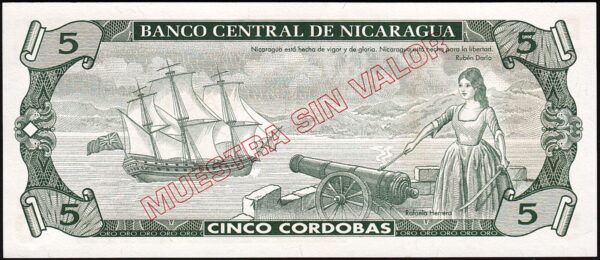 Nicaragua 5 Cordobas 1991, UNC, SPECIMEN Muestra sin Valor, A 00000000, P-174s - Image 3