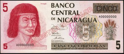Nicaragua 5 Cordobas 1991, UNC, SPECIMEN Muestra sin Valor, A 00000000, P-174s