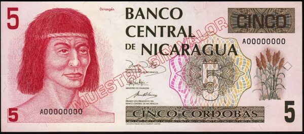 Nicaragua 5 Cordobas 1991, UNC, SPECIMEN Muestra sin Valor, A 00000000, P-174s