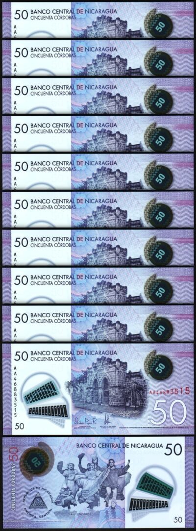 Nicaragua 50 Cordobas 2021 - 2023, UNC, 10 Pcs LOT, Polymer, P-211. Prefix AA