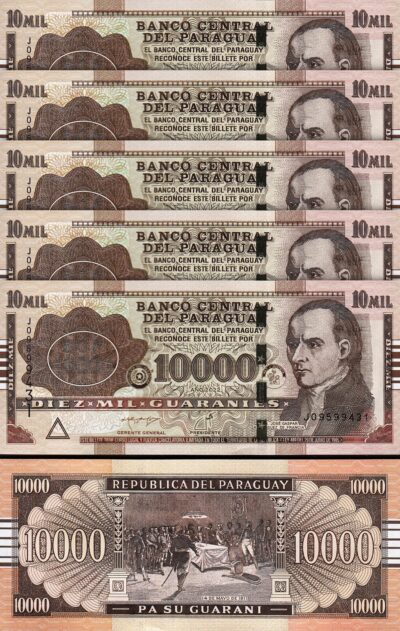 Paraguay 10000 Guaranies 2022, UNC, 5 Pcs LOT, Consecutive, P-A238