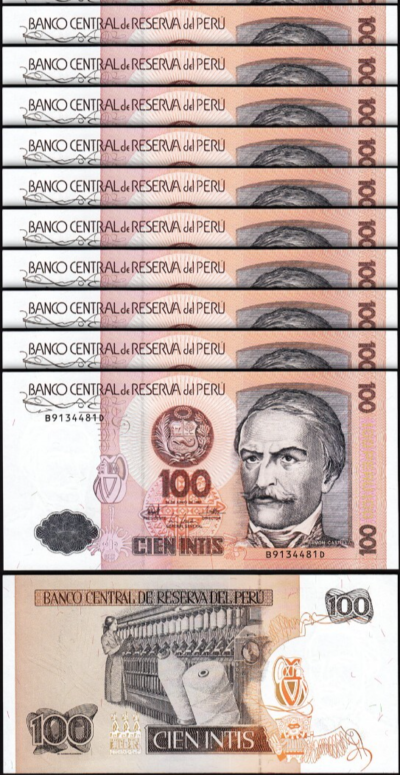 Peru 100 Intis 1987, aUNC/UNC, 10 Pcs LOT, Consecutive, P-133