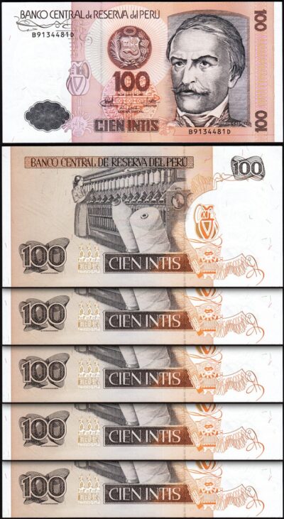 Peru 100 Intis 1987, aUNC/UNC, 5 Pcs LOT, Consecutive, P-133