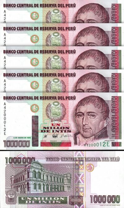 Peru 1000000-1,000,000-1 Million Intis, 1990, UNC, 5 Pcs LOT, P-148