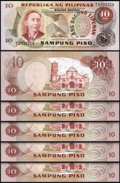 Philippines 10 Piso Nd 1978, UNC, 5 Pcs LOT, Consecutive, P-161b, Sign 9