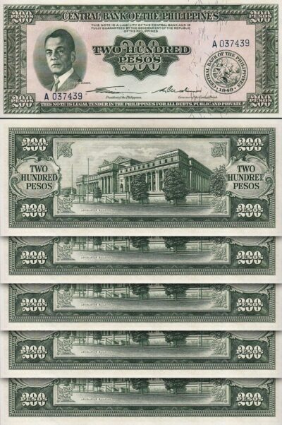 Philippines 200 Pesos, 1949, Au/Unc, 5 PCS  LOT, P-140, Prefix A