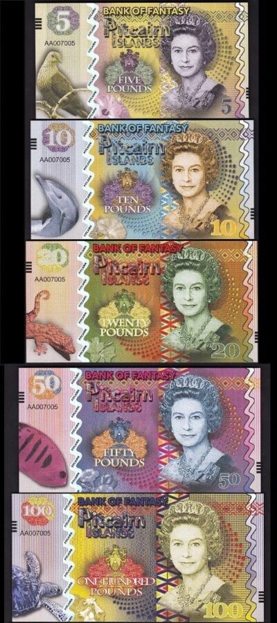 Pitcairn Island 5 PCS SET UNC 5 10 20 50 100 POUNDS 2018 Matching Serial Number