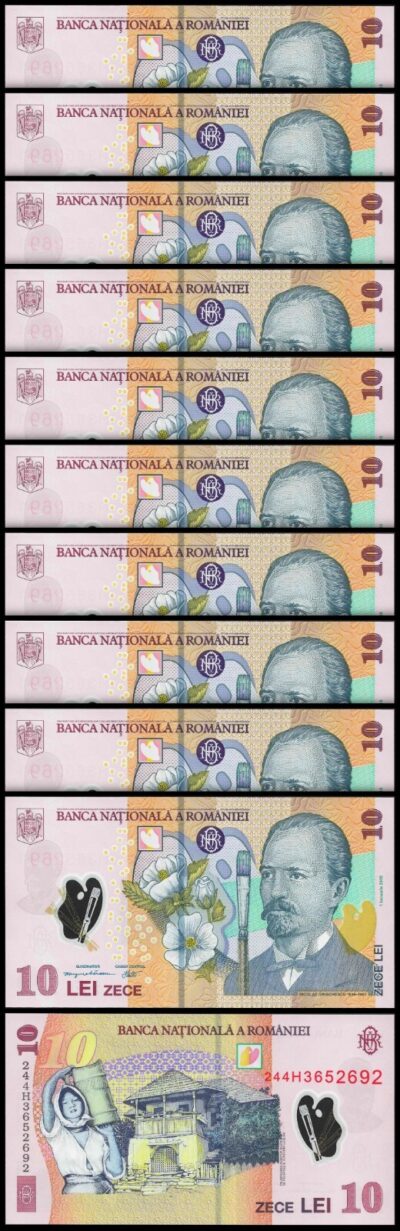 Romania 10 Lei  2018 2024, UNC, 10 Pcs LOT, POLYMER, P-119