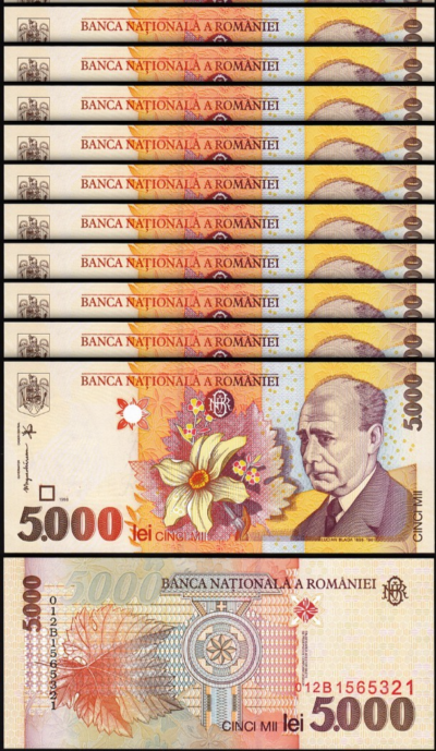 Romania 5000 Lei 1998, UNC, 10 Pcs LOT, Consecutive, P-107